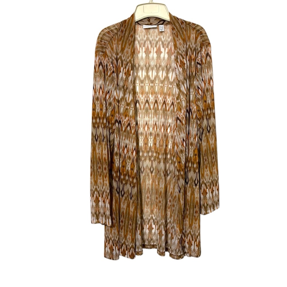 Susan Graver Size 2X Beige Orange Ikat Print Mesh Kimono Cardigan Lightweight